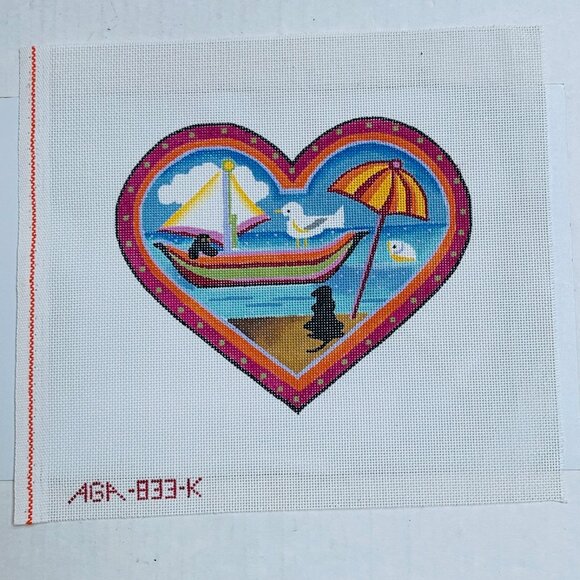 Hand Painted Needlepoint Canvas AGA Designs Heart with Beach Scene Umbrella Boat - Picture 1 of 5